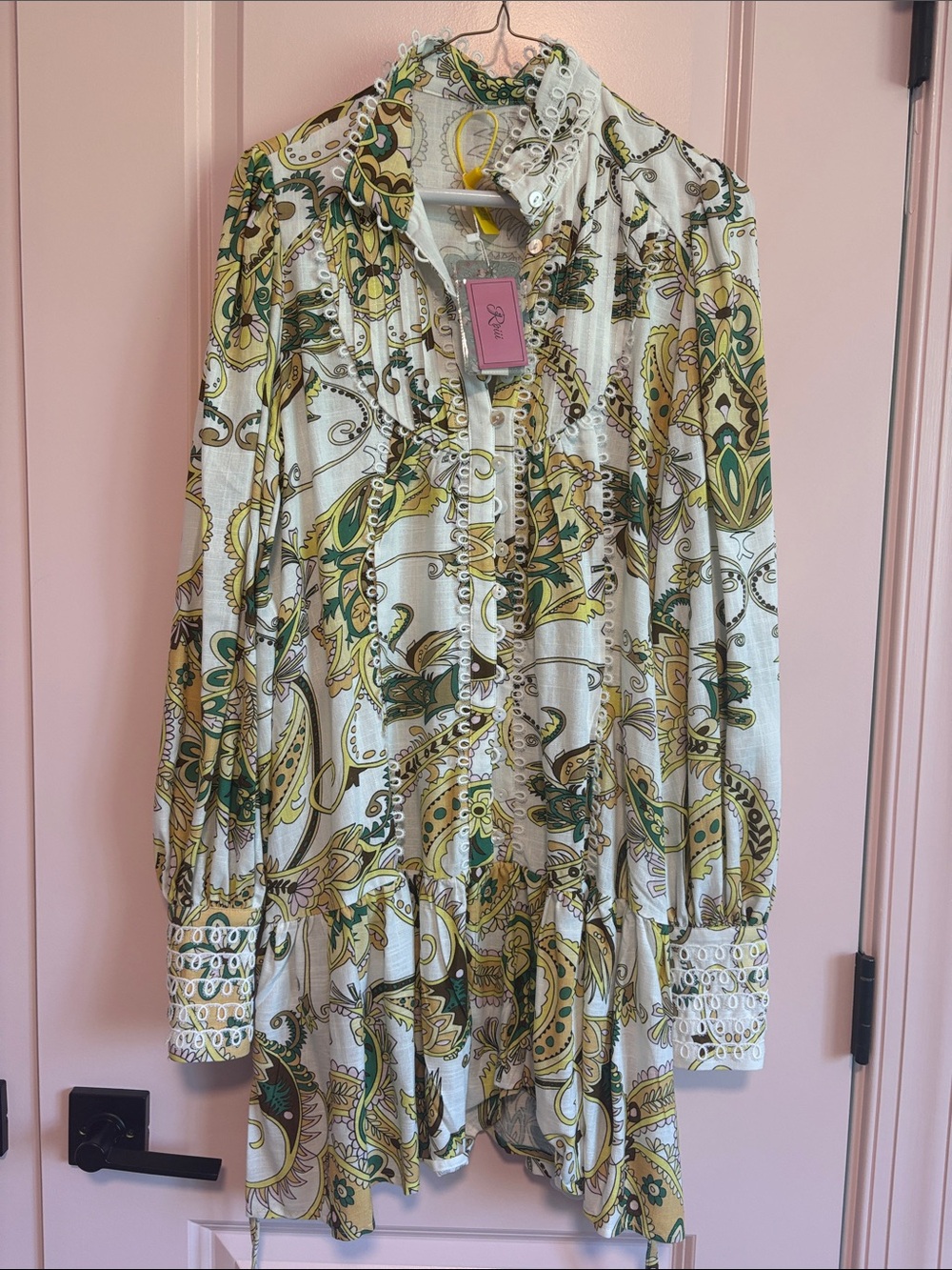 REI Paisley Tiered Tunic Dress in White, Green, and Yellow